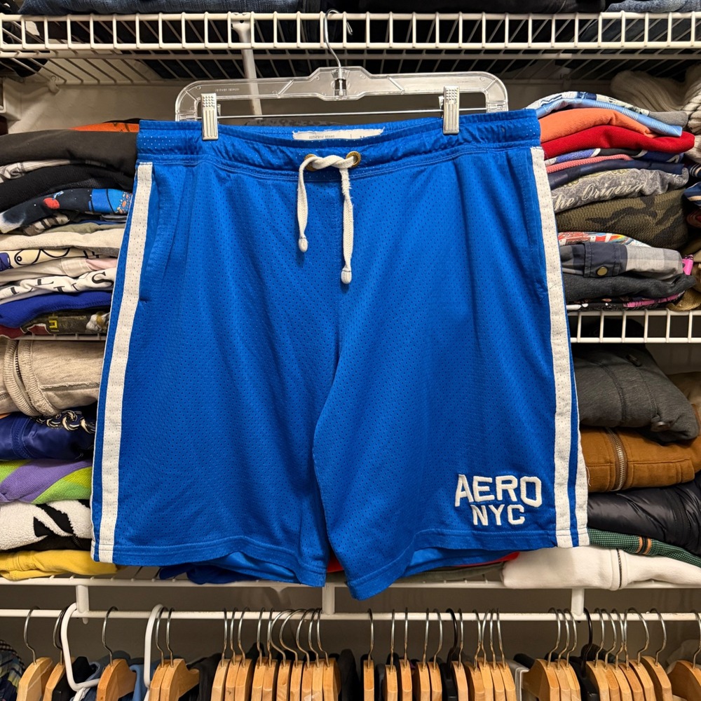 Aeropostale Shorts Mens Medium Blue‎ Aero NYC Mesh Gym Basketball Striped